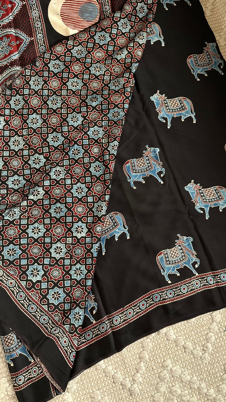 BLUE NANDI PICHWAI - BLACK PREMIUM AJRAKH HAND BLOCK PRINTED MODAL SILK SAREE (ONLY AVAILABLE ON PRE ORDER - DISPATCH TIME IS 30-40 DAYS)