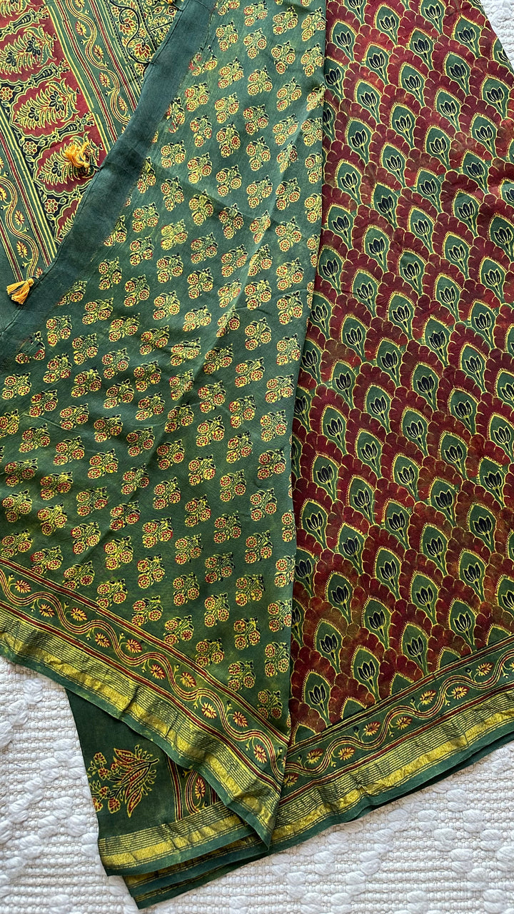 LOTUS PANES - MADDER RED AND GREEN AJRAKH HAND BLOCK PRINTED SILK COTTON SAREE