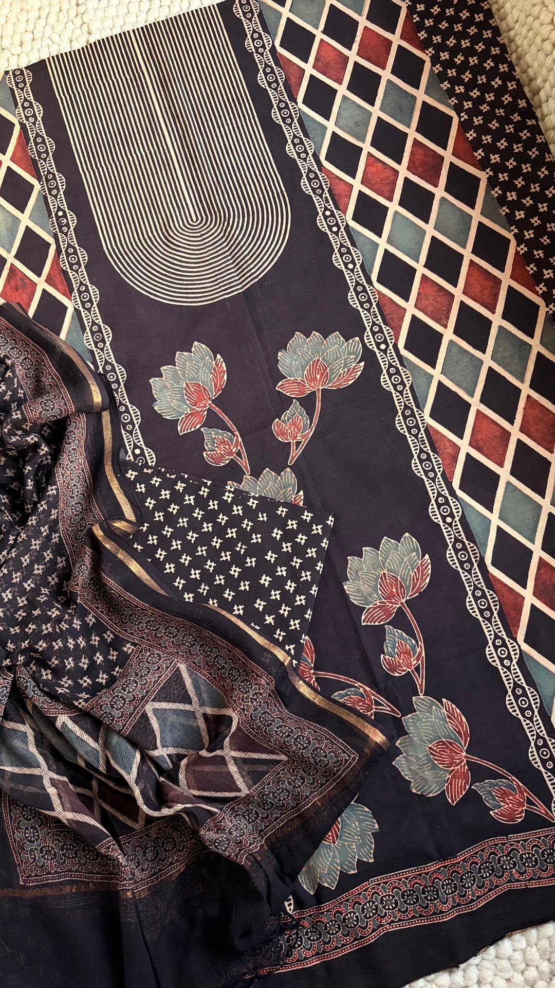 AJRAKH HANDBLOCK PRINTED UNSTITCHED DRESS MATERIAL (SET OF THREE)- CHARCOAL BLACK