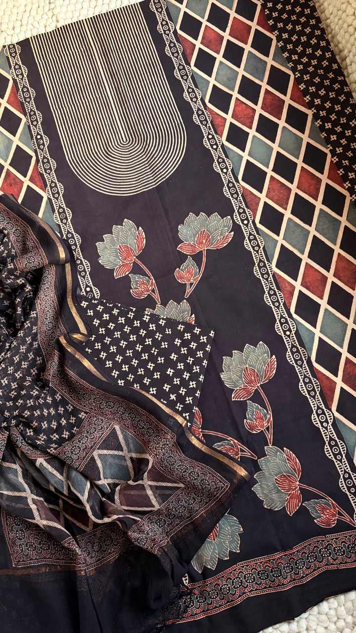 AJRAKH HANDBLOCK PRINTED UNSTITCHED DRESS MATERIAL (SET OF THREE)- CHARCOAL BLACK