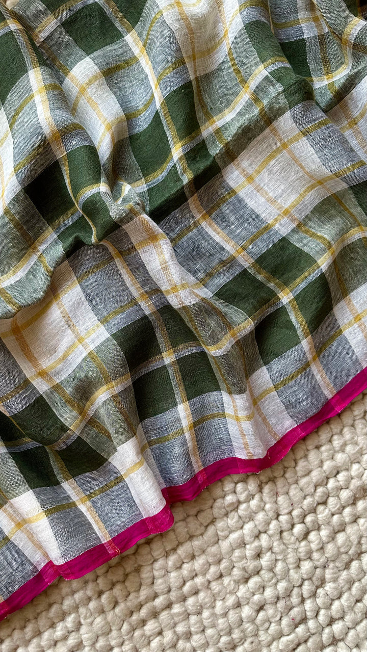 Multi Colour Checked Pure Handwoven Linen Saree - 006