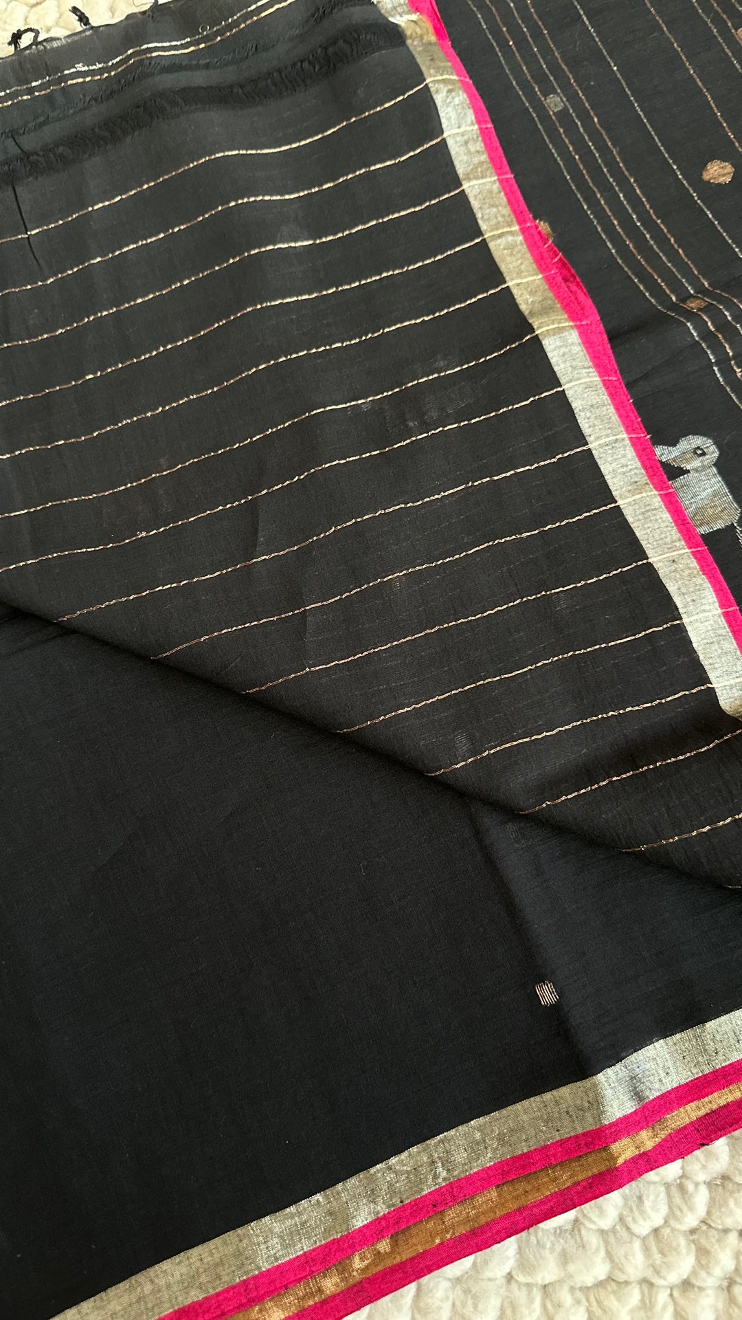 PREMIUM NEEDLE WORK JAMDANI HANDWOVEN AND HANDSPUN COTTON SAREE - CHARCOAL BLACK