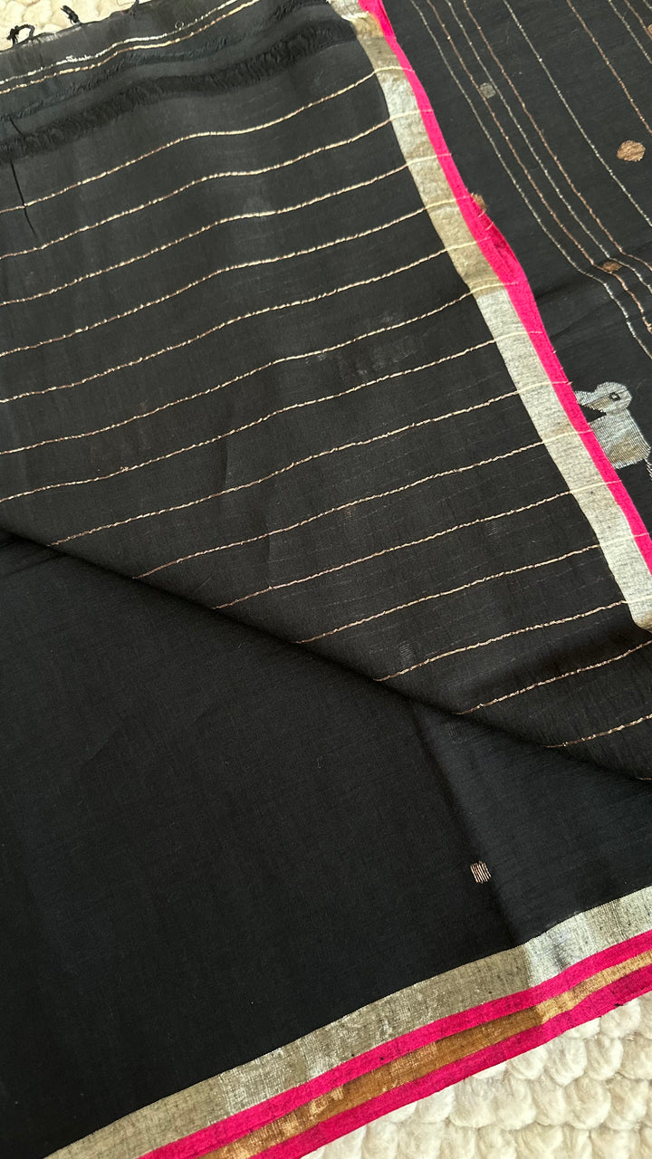 PREMIUM NEEDLE WORK JAMDANI HANDWOVEN AND HANDSPUN COTTON SAREE - CHARCOAL BLACK