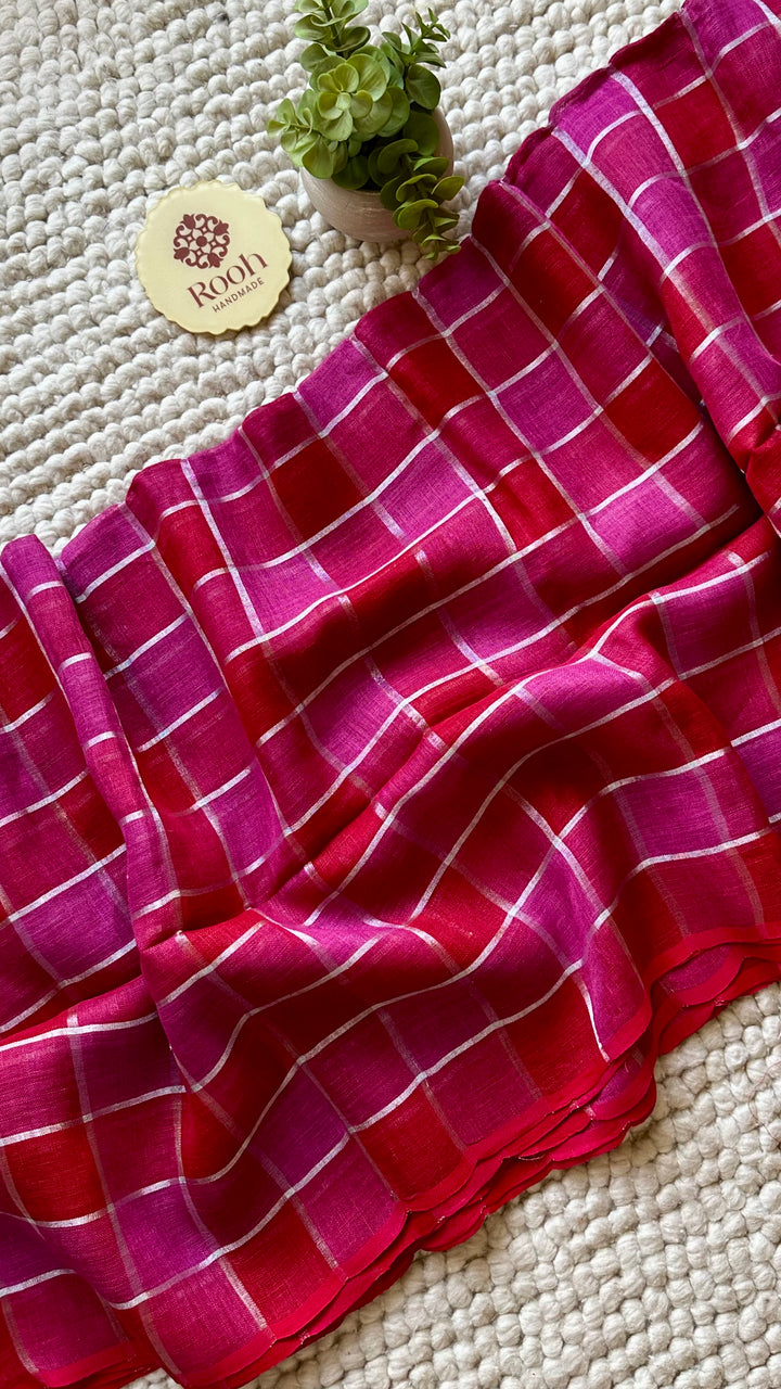 Multi Colour Checked Pure Handwoven Linen Saree - 004