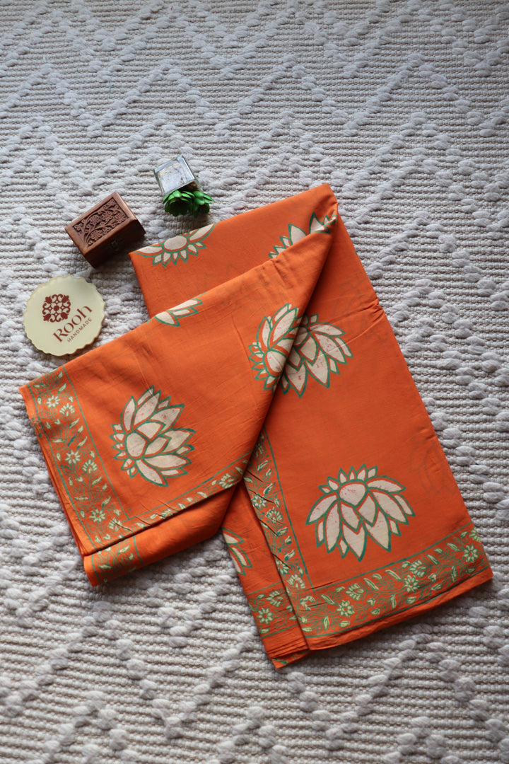 BAGRU HAND BLOCK PRINTED SOFT MULMUL COTTON SAREE- 069