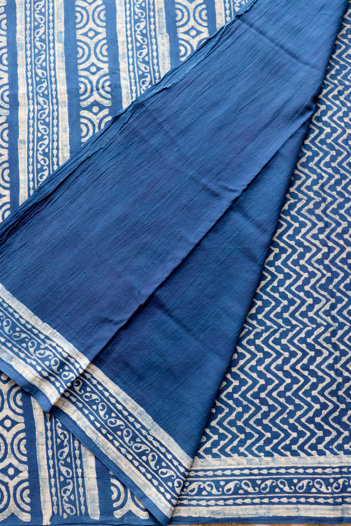 AKOLA INDIGO HAND BLOCK DABU PRINTED SOFT MULMUL COTTON SAREE- 023