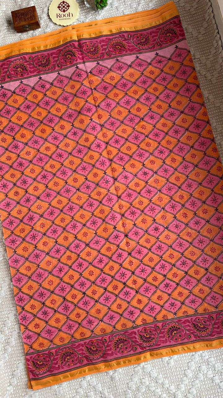 SANGANERI HAND BLOCK PRINTED SILK COTTON SAREE- 007