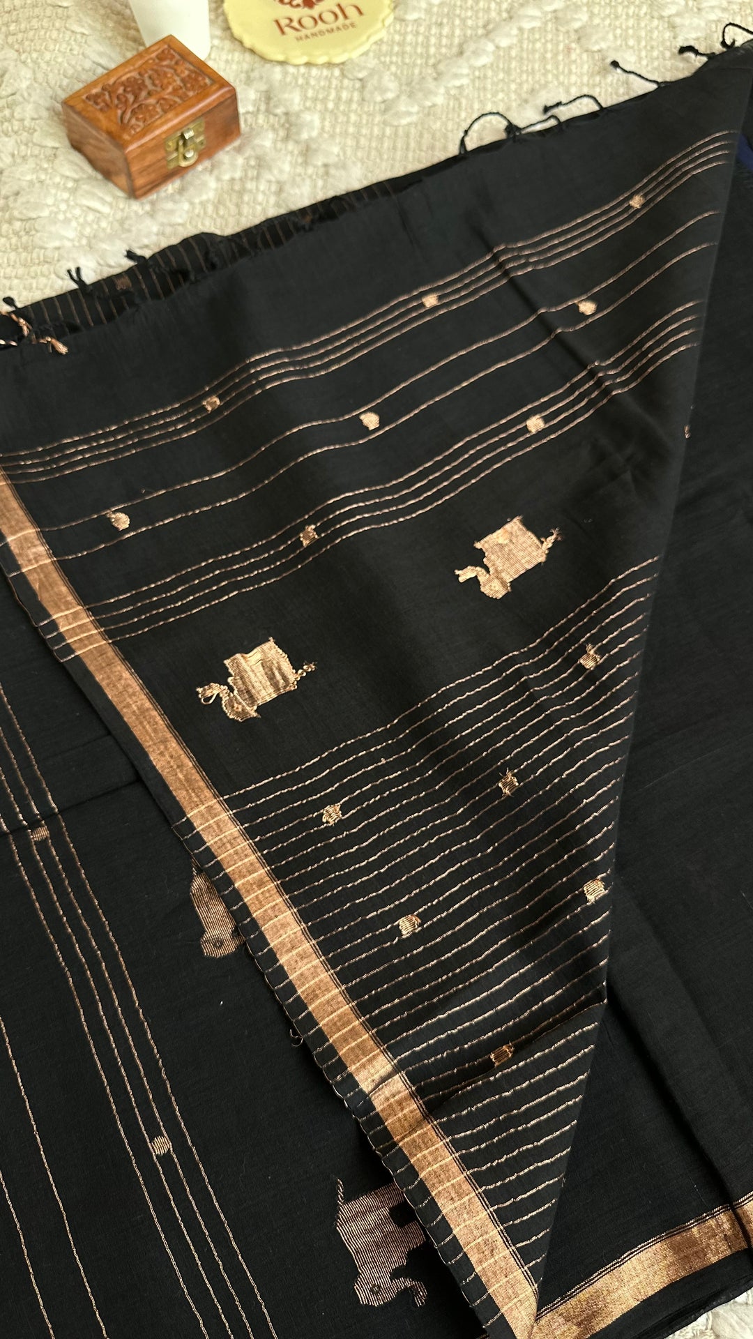 PREMIUM JAMDANI WEAVE HANDWOVEN AND HANDSPUN COTTON SAREE - MIDNIGHT BLACK (AVAILABLE ON PRE-ORDER - DISPATCH TIME IS 30-35 DAYS)