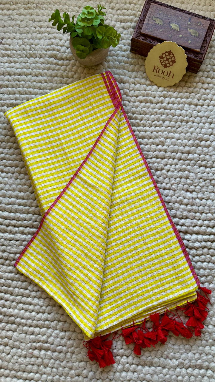 HANDWOVEN LEMON-YELLOW ZARI CHECKS PURE MULMUL COTTON SAREE (DISPATCH TIME IS 15-20 DAYS)