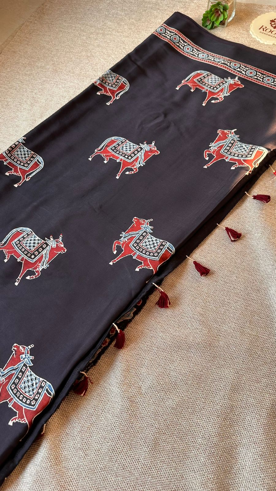 BLACK PICHWAI NANDI - AJRAKH HAND BLOCK PRINTED MODAL SILK SAREE (ONLY AVAILABLE ON PRE ORDER - DISPATCH TIME IS 30-40 DAYS)
