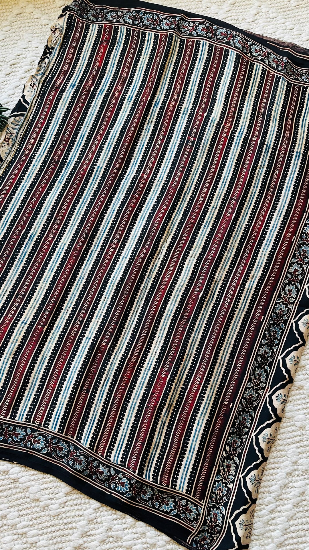 VRITIKA- BLACK STRIPED AJRAKH HAND BLOCK PRINTED PREMIUM MODAL SILK SAREE (ONLY AVAILABLE ON PRE ORDER- DISPATCH TIME IS 45-50 DAYS)