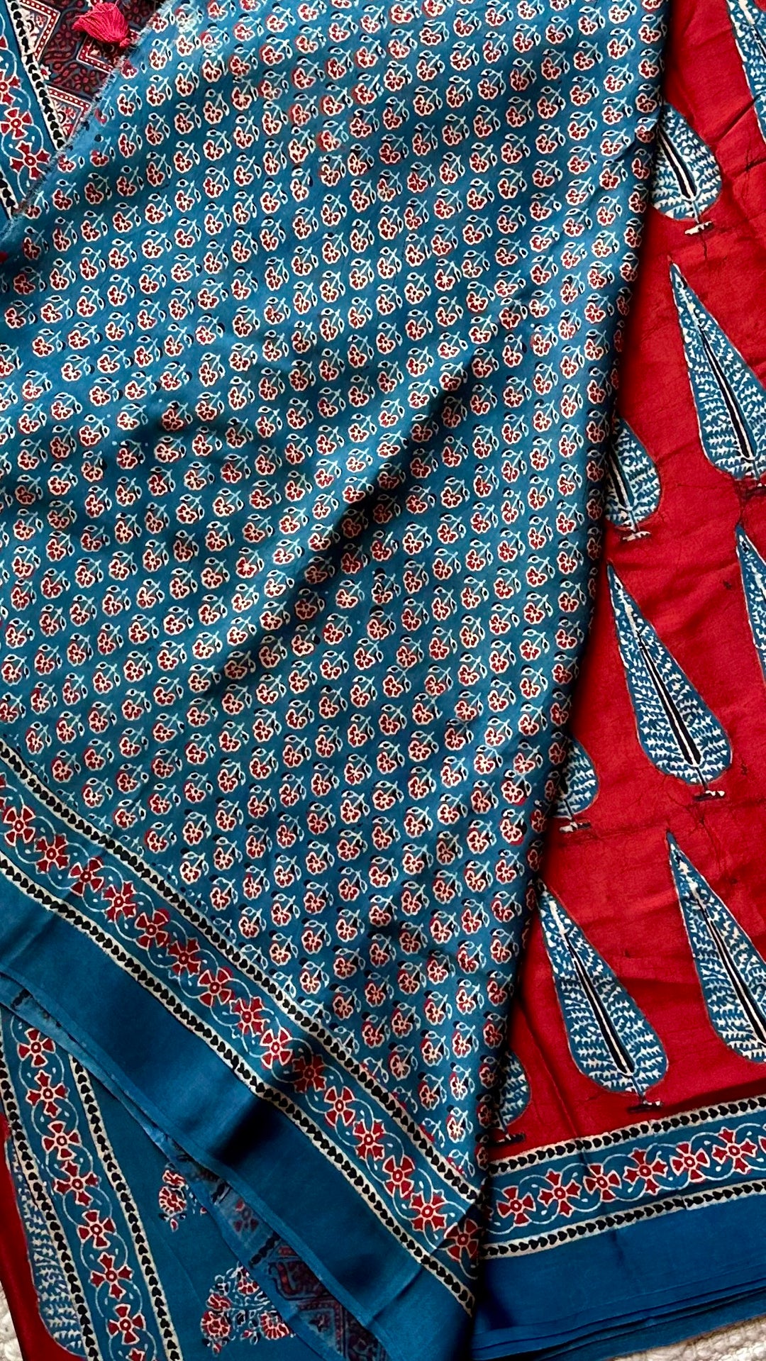 MADDER PINES - SUPER PREMIUM & BUTTERY SOFT AJRAKH HAND BLOCK PRINTED MODAL SILK SAREE (DISPATCH TIME - 7 TO 10 DAYS)