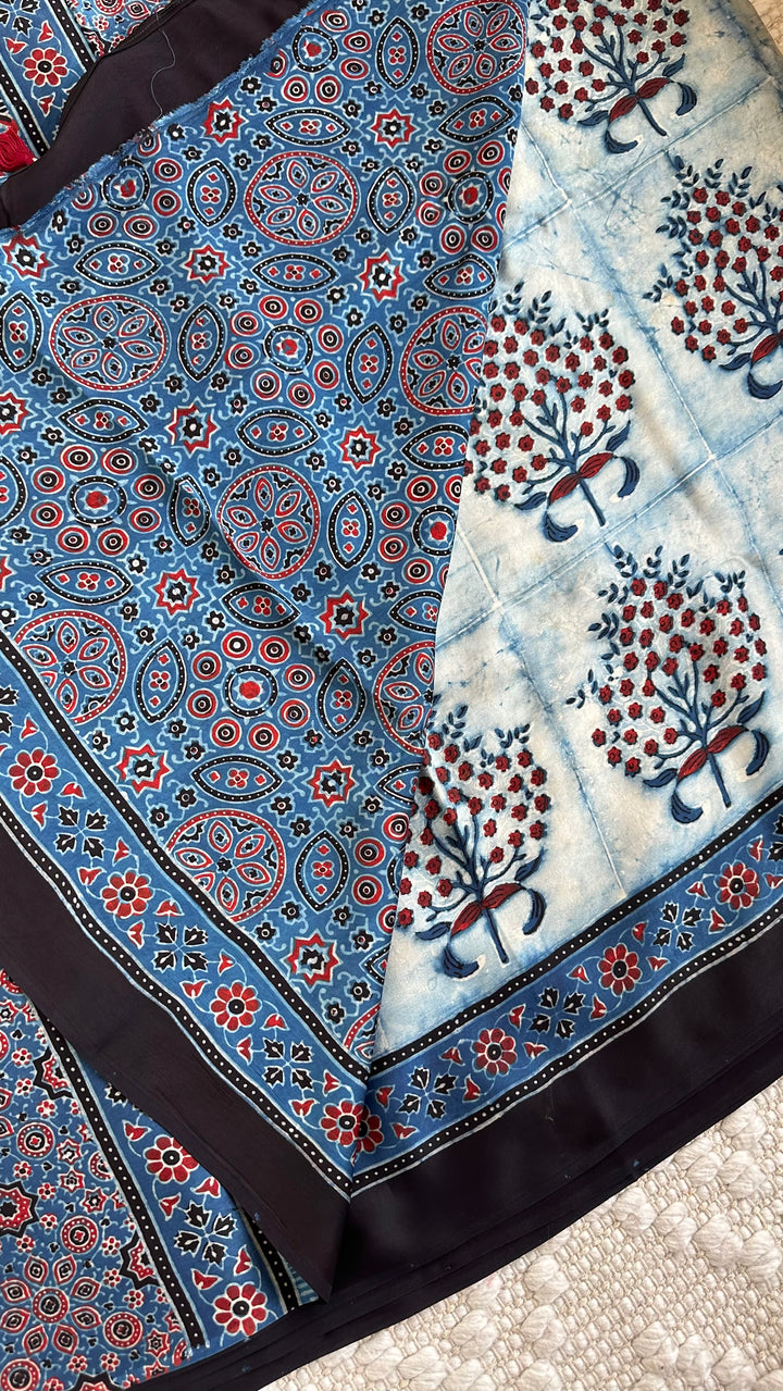INDIGO PANES - PREMIUM AJRAKH HAND BLOCK PRINTED MODAL SILK SAREE