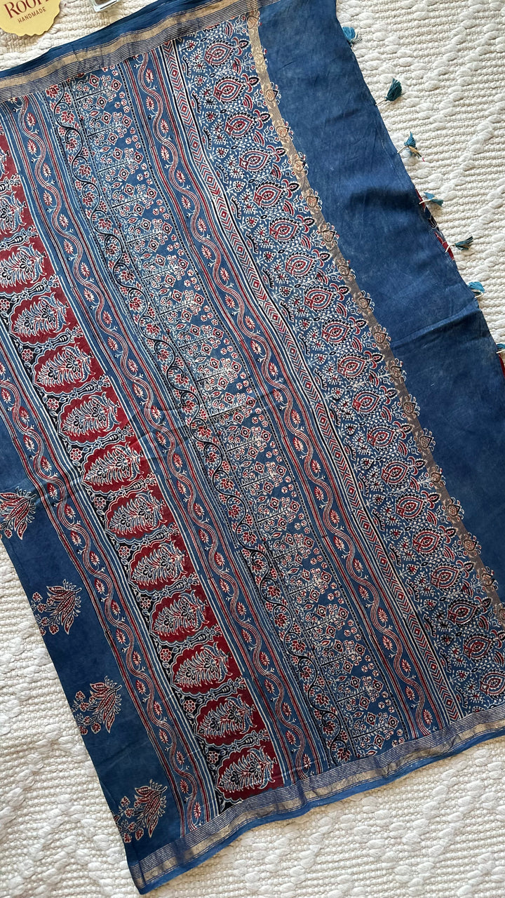 LOTUS PANES - MADDER RED AND INDIGO AJRAKH HAND BLOCK PRINTED SILK COTTON SAREE