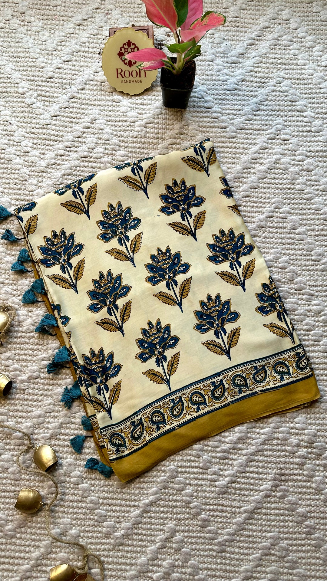BLOSSOMS ON IVORY- SUPER PREMIUM & BUTTERY SOFT AJRAKH HAND BLOCK PRINTED MODAL SILK SAREE