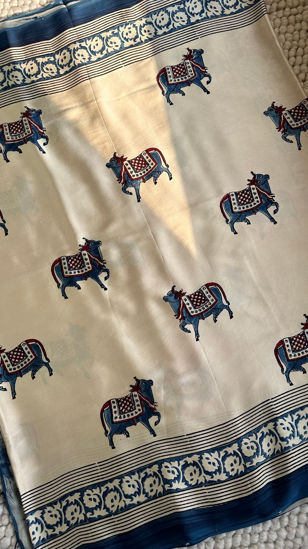 IVORY AND INDIGO PICHWAI  - AJRAKH HAND BLOCK PRINTED PREMIUM MODAL SILK SAREE (ONLY AVAILABLE ON PRE-ORDER - DISPATCH TIME IS 30-35 DAYS)