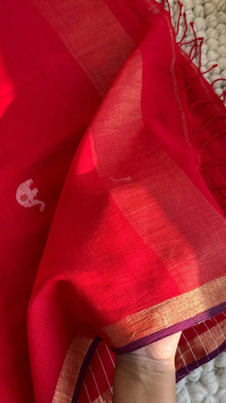 PREMIUM JAMDANI WEAVE HANDWOVEN AND HANDSPUN COTTON SAREE - CANDID RED