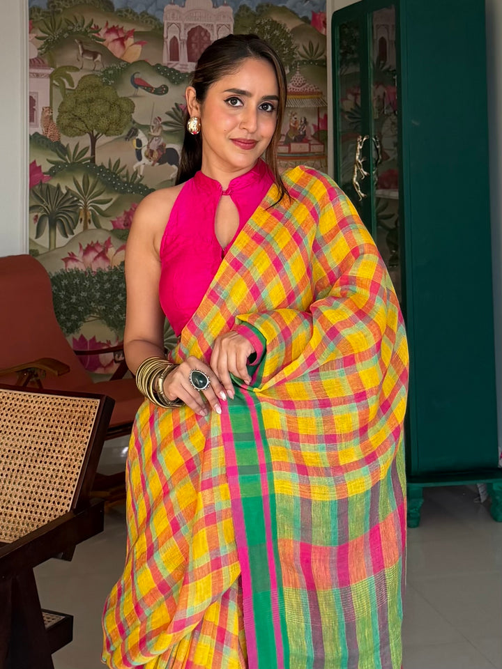 SUPER PREMIUM JAMDANI WEAVE HANDWOVEN MADRAS CHECKS JAYASHREE LINEN SAREE - VIBRANT YELLOW & PINK (AVAILABLE ON PRE-ORDER - DISPATCH TIME IS 40-45 DAYS APPROXIMATELY)