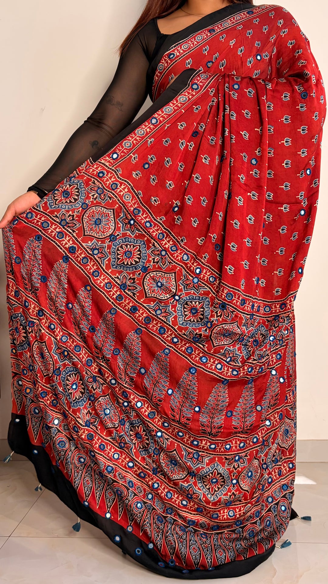 NOOR- AJRAKH MADDER RED HAND BLOCK PRINTED PREMIUM MODAL SILK SAREE WITH MIRROR HAND-EMBROIDERY (ONLY AVAILABLE ON PRE-ORDER - DISPATCH TIME IS 20-25 DAYS)
