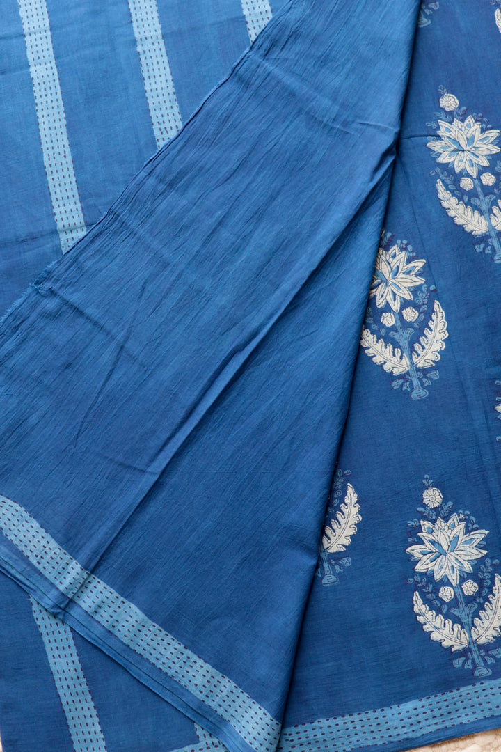 AKOLA INDIGO HAND BLOCK DABU PRINTED SOFT MULMUL COTTON SAREE- 019