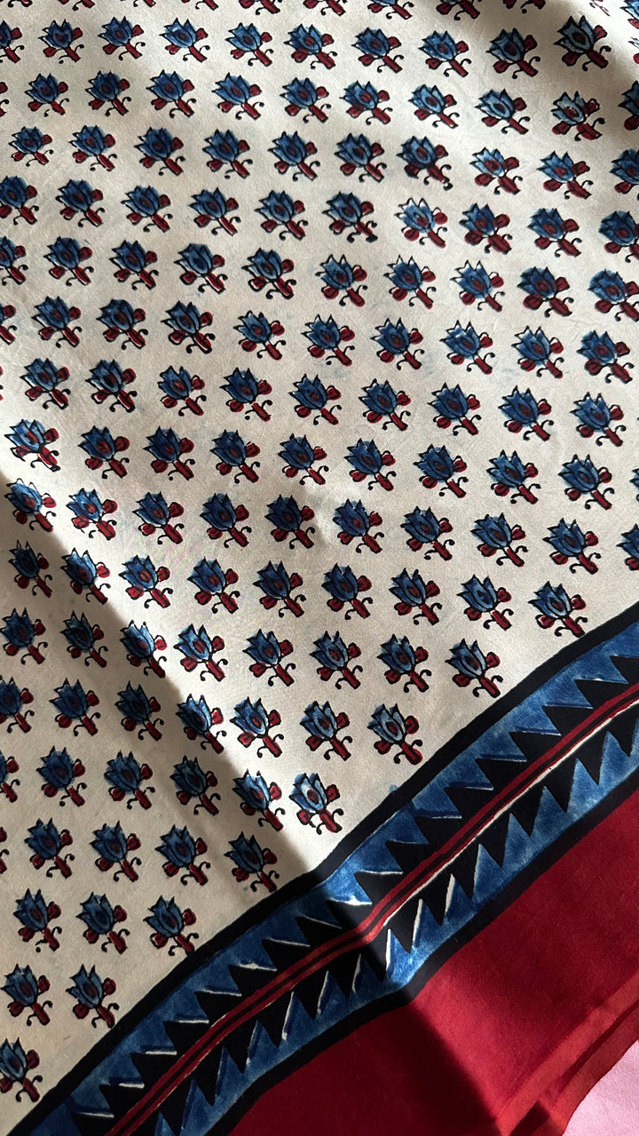 KIARA - IVORY AND MADDER RED AJRAKH HAND BLOCK PRINTED PREMIUM MODAL SILK SAREE