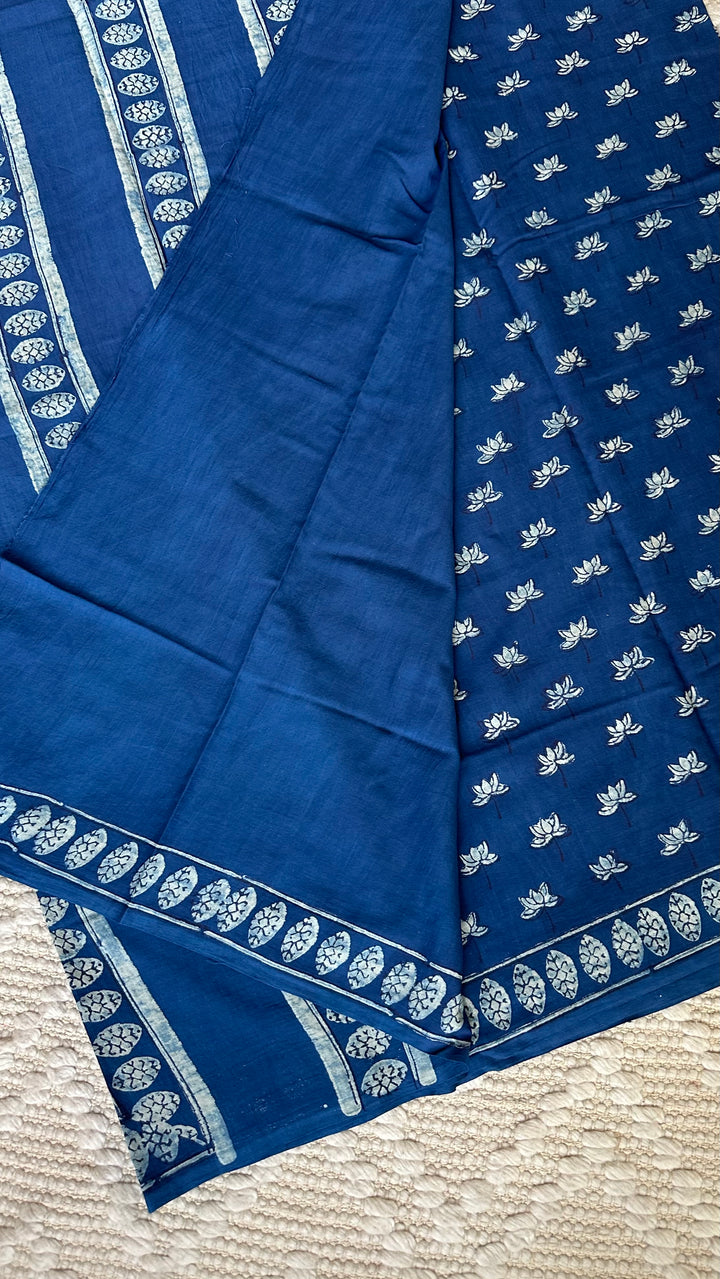AKOLA INDIGO HAND BLOCK DABU PRINTED SOFT MULMUL COTTON SAREE- 006