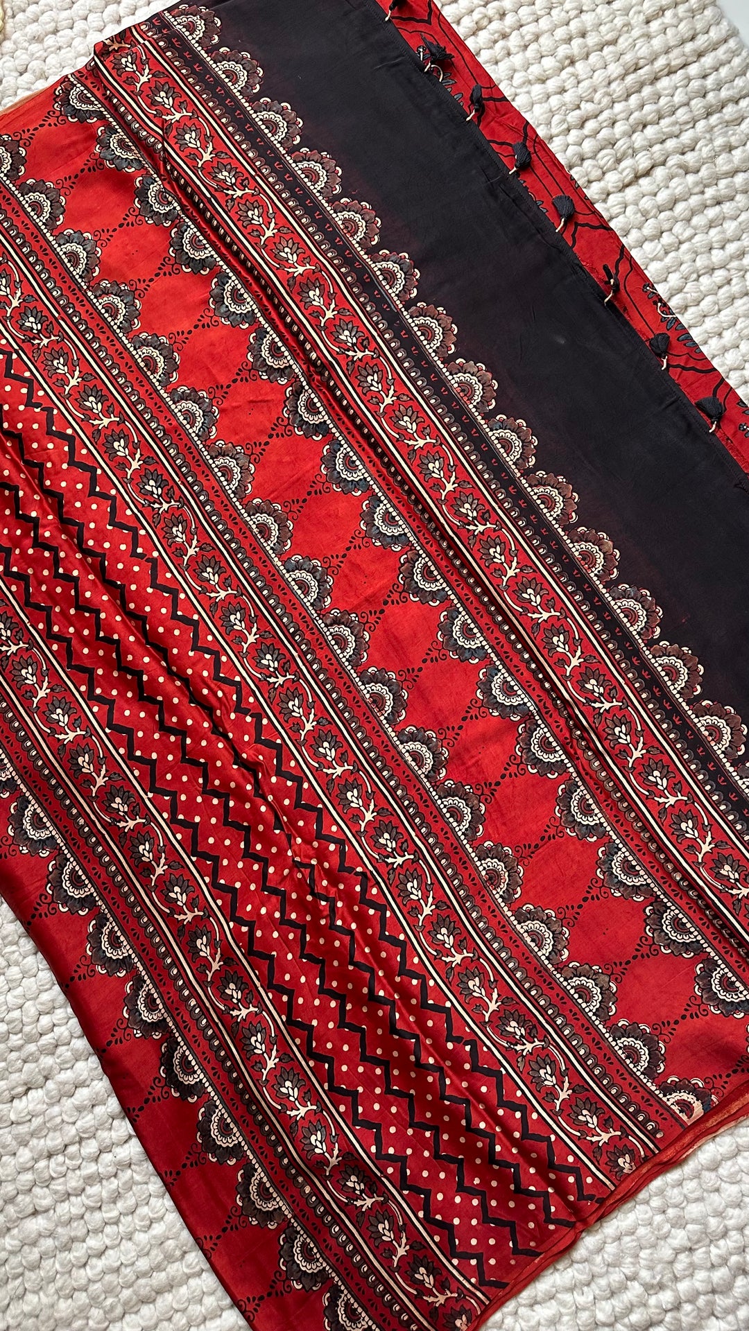 JHAROKHA- MADDER RED AJRAKH HAND BLOCK PRINTED PREMIUM MODAL SILK SAREE