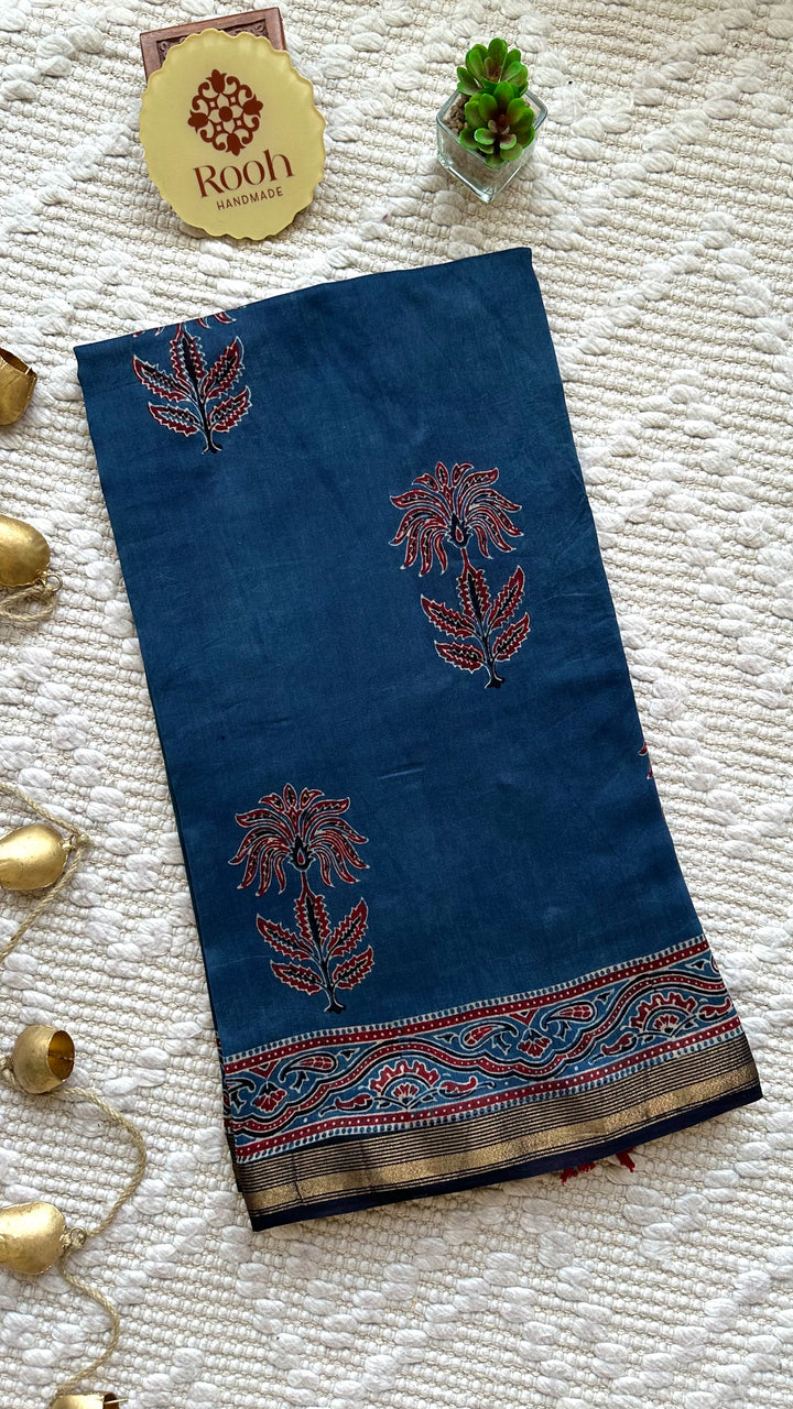 INDIGO BLOSSOMS - AJRAKH HAND BLOCK PRINTED SILK COTTON SAREE