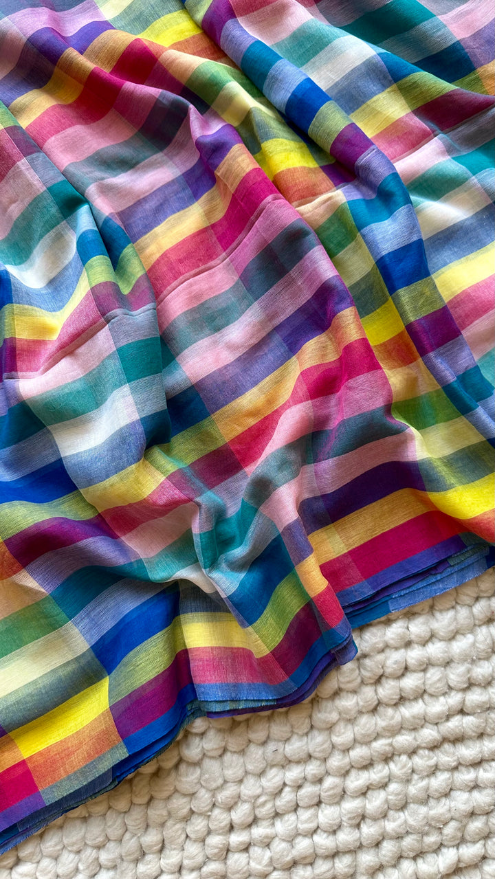HANDWOVEN MULTICOLOUR CHECKERED MULMUL COTTON SAREE - 05 (DISPATCH TIME - 7 TO 10 DAYS)