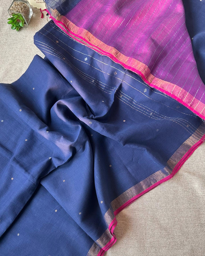PREMIUM JAMDANI WEAVE HANDWOVEN AND HANDSPUN COTTON SAREE - PINK ON MIDNIGHT BLUE ( DISPATCH TIME IS 5-7 DAYS )