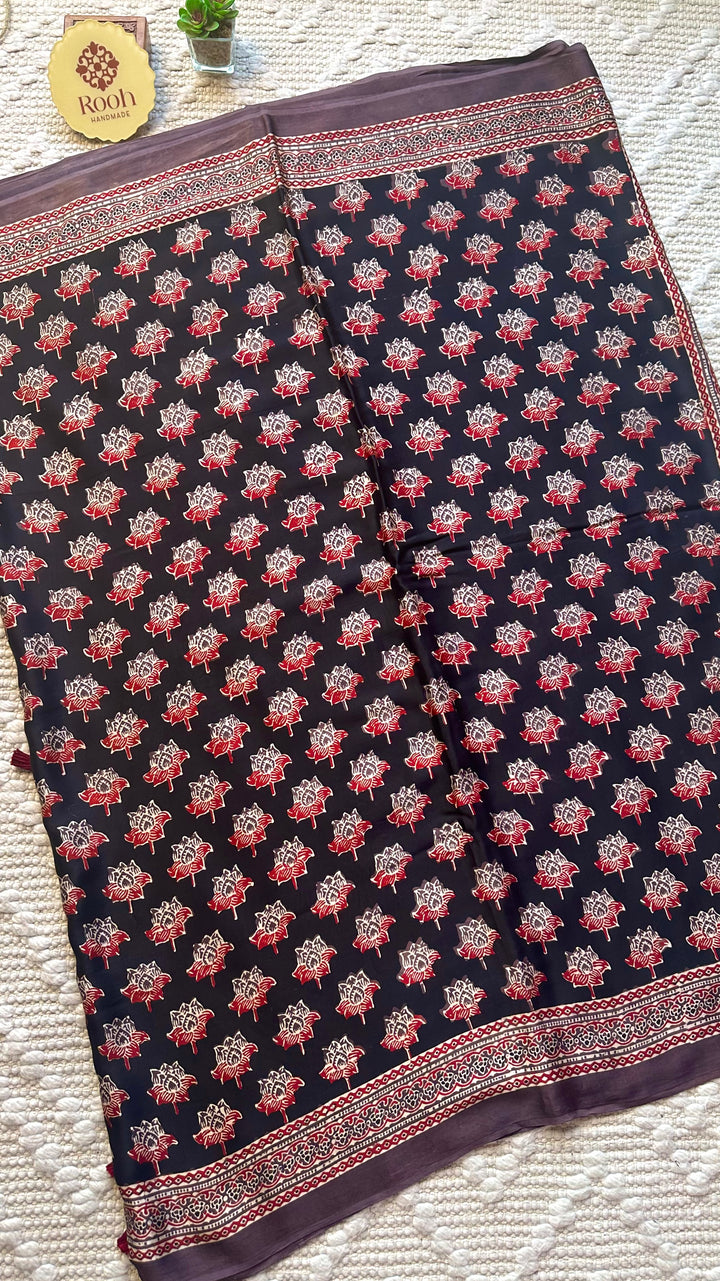 LOTUS BLOOMS 01 - SUPER PREMIUM & BUTTERY SOFT AJRAKH HAND BLOCK PRINTED MODAL SILK SAREE