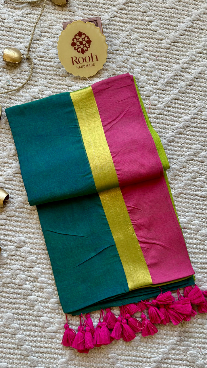 PEACOCK GREEN WITH CONTRAST PINK BORDER-  SUPER SOFT MUL COTTON SAREE