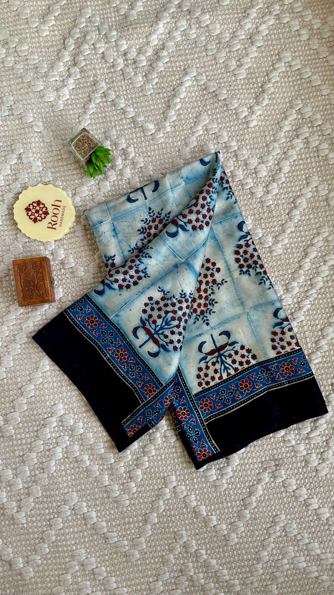INDIGO PANES - PREMIUM AJRAKH HAND BLOCK PRINTED MODAL SILK SAREE