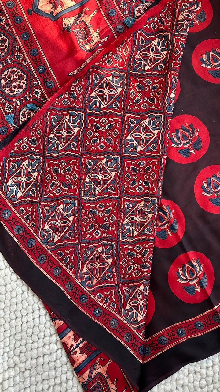 POLKA LOTUS - AJRAKH HAND BLOCK PRINTED PREMIUM MODAL SILK SAREE (ONLY AVAILABLE ON PRE-ORDER - DISPATCH TIME IS 30-35 DAYS)
