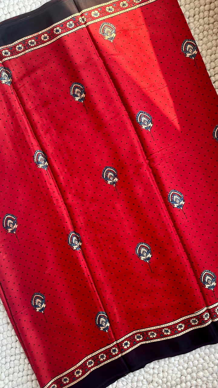 MADDER RED BLOOMS - PREMIUM HALF AND HALF AJRAKH HAND BLOCK PRINTED PREMIUM MODAL SILK SAREE