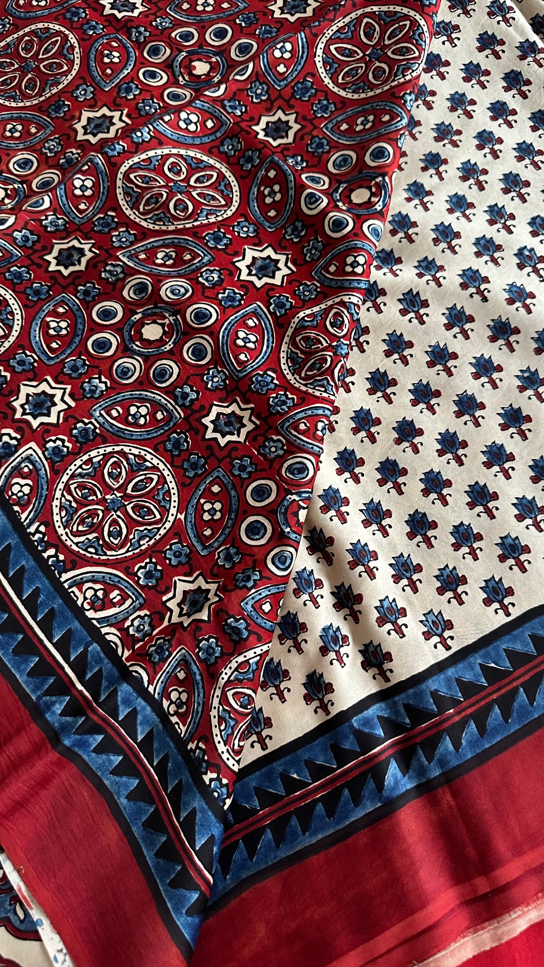 KIARA - IVORY AND MADDER RED AJRAKH HAND BLOCK PRINTED PREMIUM MODAL SILK SAREE