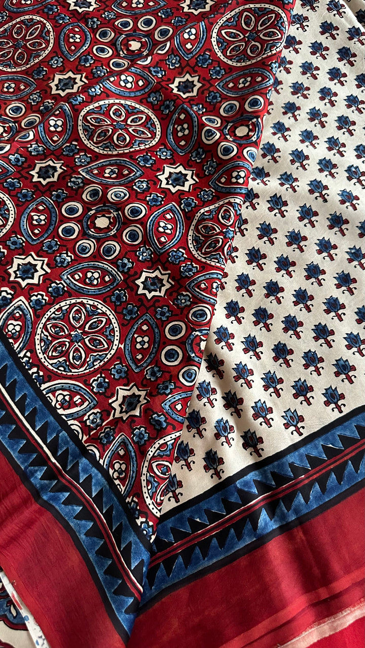 KIARA - IVORY AND MADDER RED AJRAKH HAND BLOCK PRINTED PREMIUM MODAL SILK SAREE