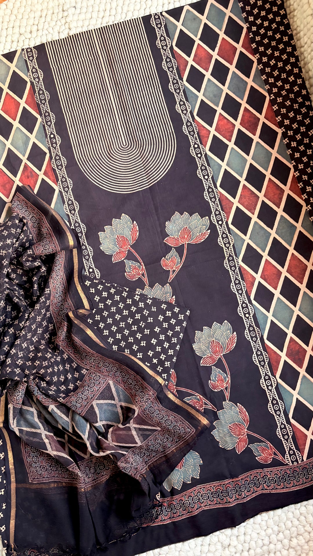 AJRAKH HANDBLOCK PRINTED UNSTITCHED DRESS MATERIAL (SET OF THREE)- CHARCOAL BLACK