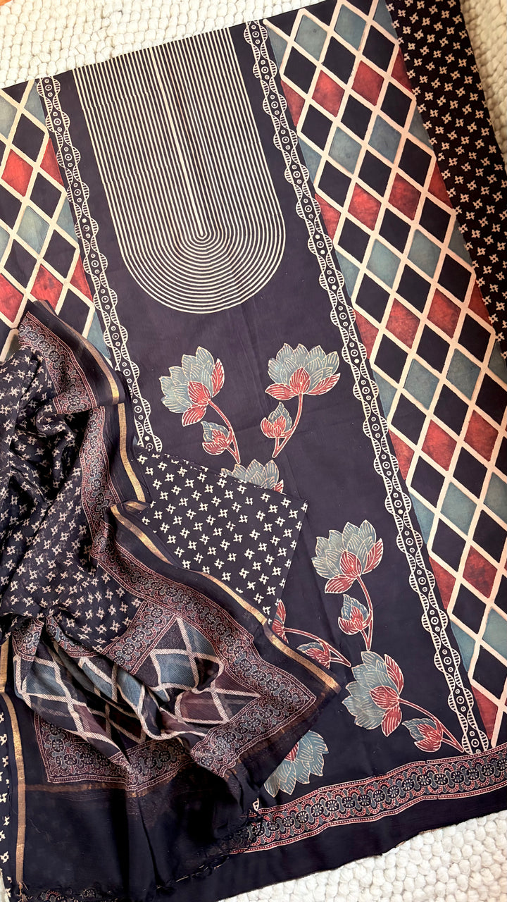 AJRAKH HANDBLOCK PRINTED UNSTITCHED DRESS MATERIAL (SET OF THREE)- CHARCOAL BLACK
