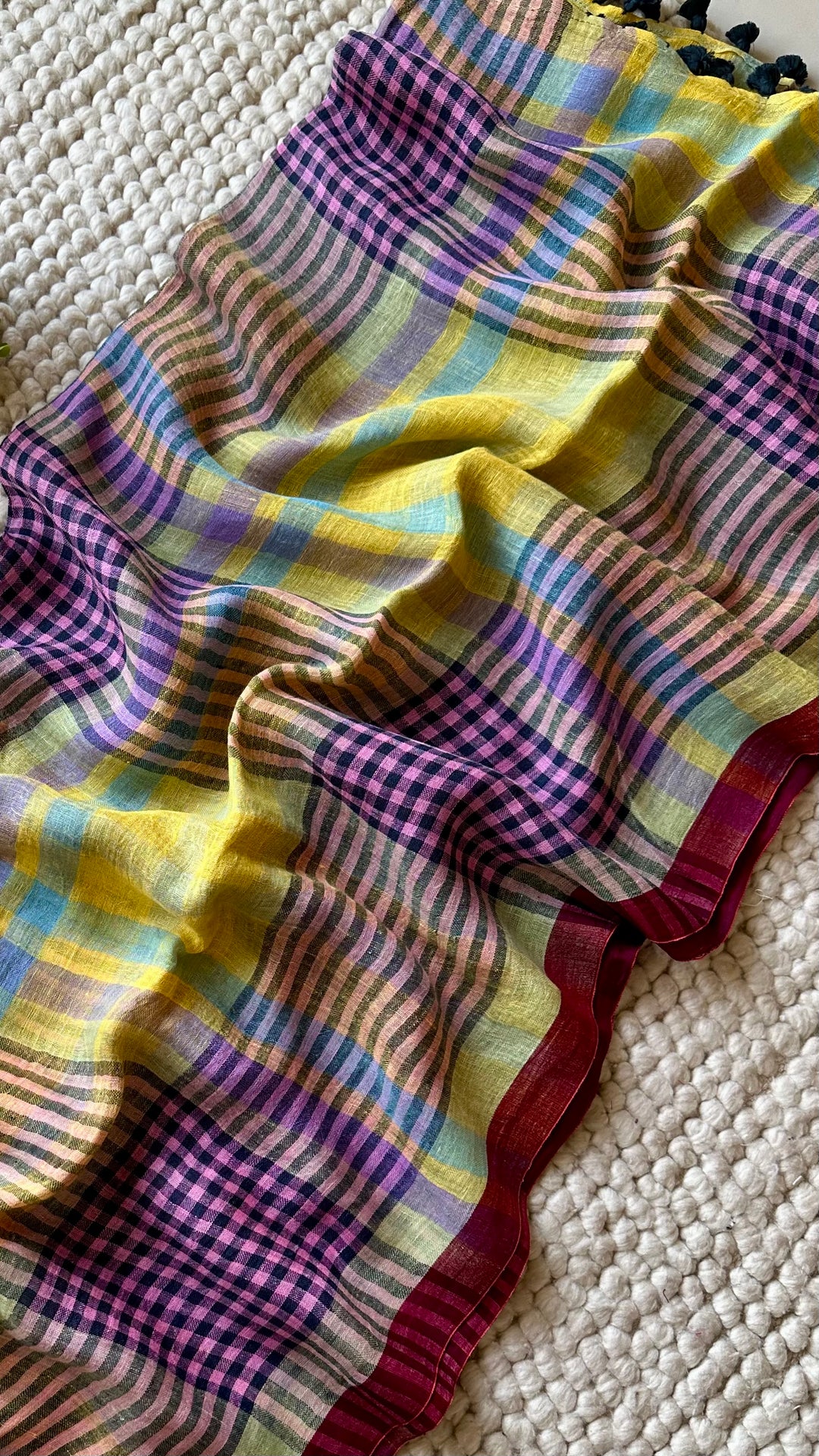Multi Colour Checked Pure Handwoven Linen Saree - 009