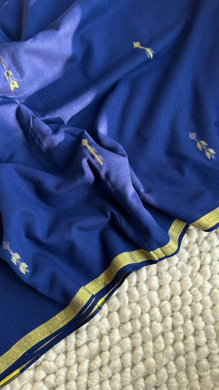 PREMIUM JAMDANI WEAVE HANDWOVEN AND HANDSPUN COTTON SAREE - SAPPHIRE BLUE