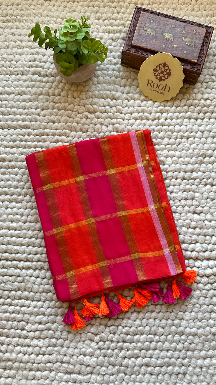 HANDWOVEN MULTICOLOUR ZARI CHECKS PURE MULMUL COTTON SAREE - 010