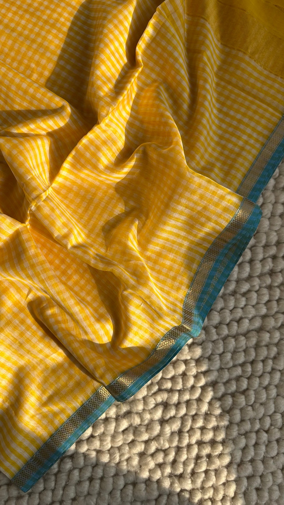 SUNSHINE YELLOW CHECKS - PREMIUM HANDWOVEN MAHESHWARI SILK BY COTTON SAREE (DISPATCH TIME IS 15-20 DAYS)