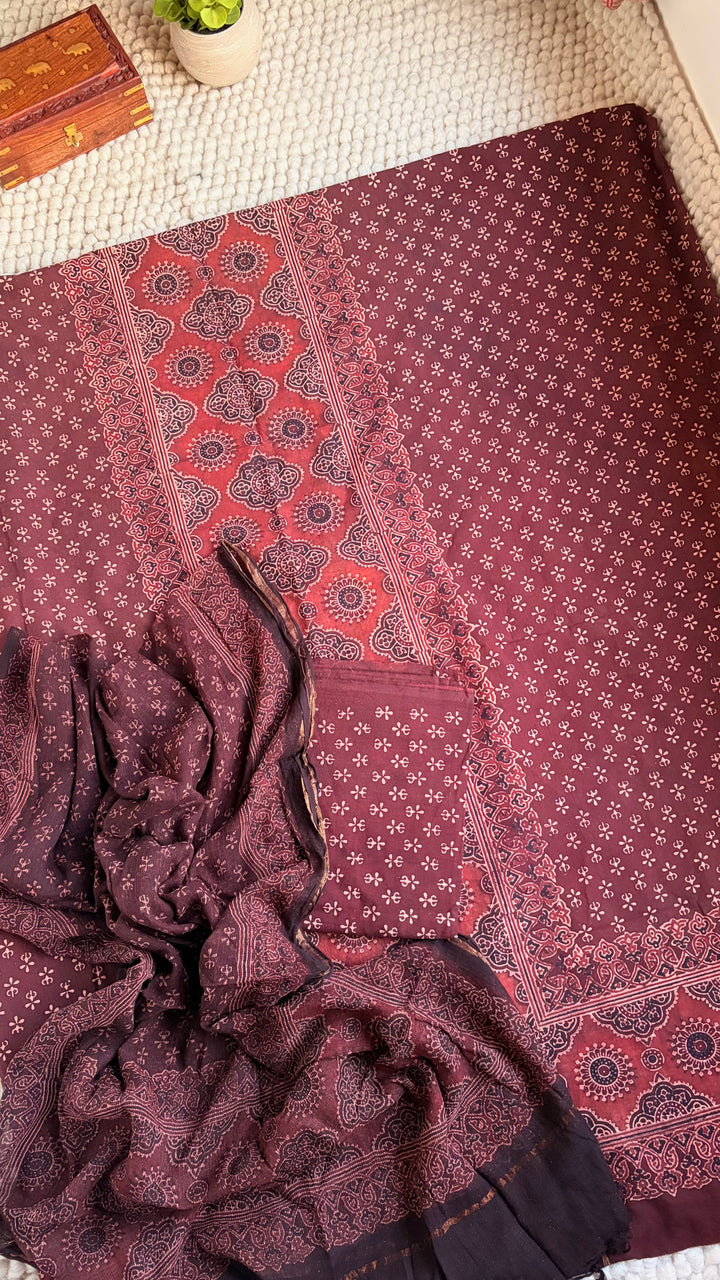 AJRAKH HANDBLOCK PRINTED UNSTITCHED DRESS MATERIAL (SET OF THREE)- CHOCOLATE BROWN
