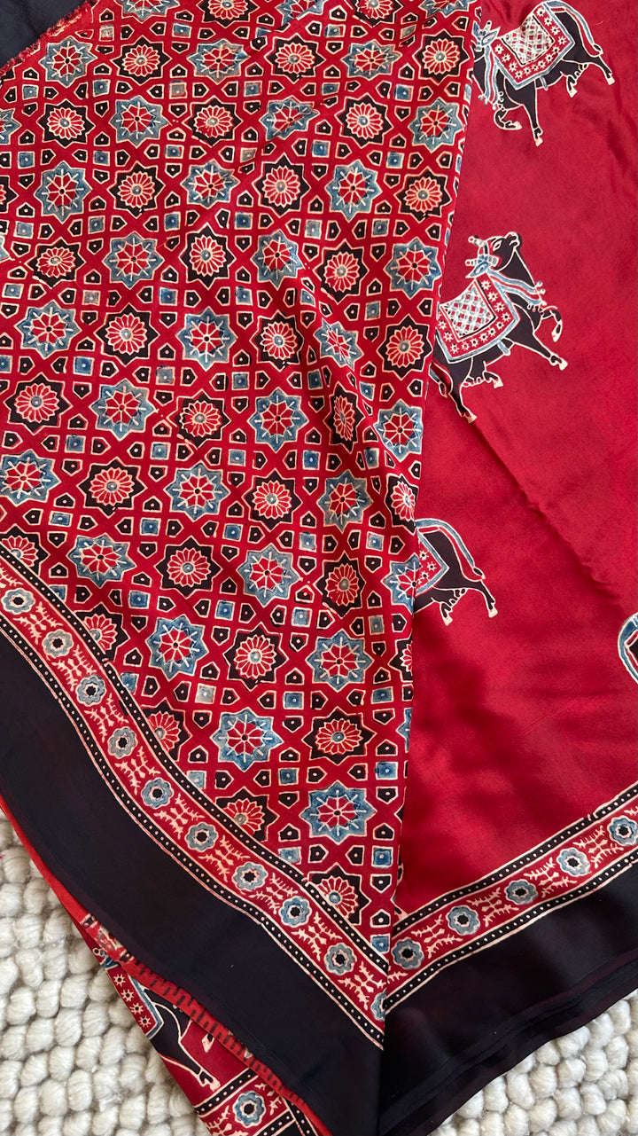 MADDER RED & BLACK PICHWAI NANDI - AJRAKH HAND BLOCK PRINTED PREMIUM MODAL SILK SAREE (AVAILABLE ON PRE-ORDER - DISPATCH TIME IS 30-35 DAYS)