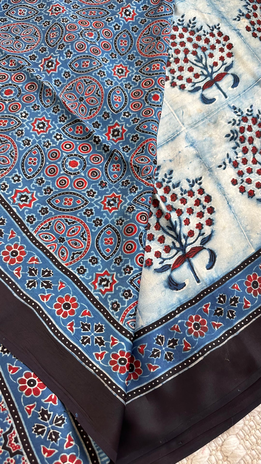 INDIGO PANES - PREMIUM AJRAKH HAND BLOCK PRINTED MODAL SILK SAREE