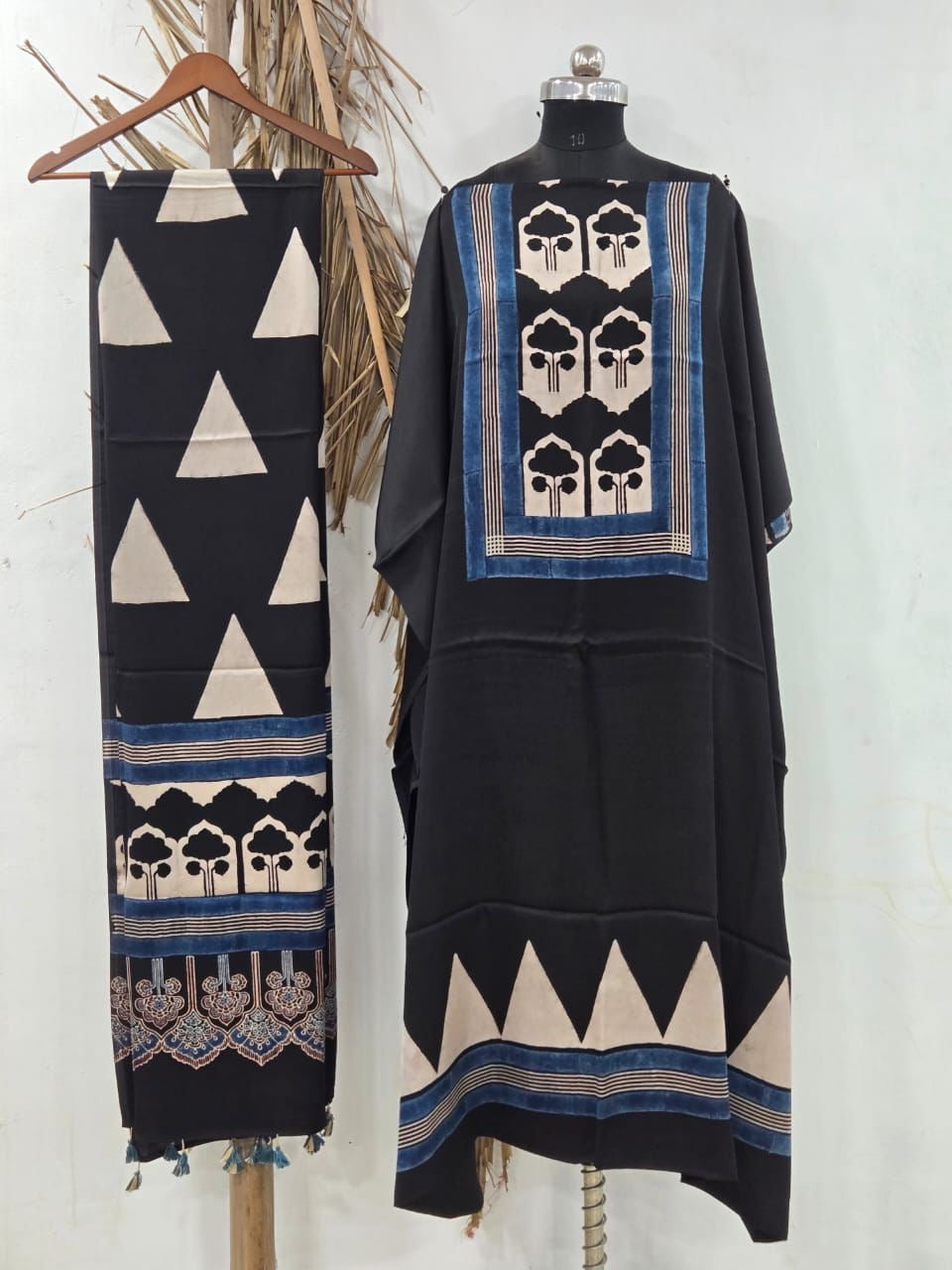 AJRAKH HANDBLOCK PRINTED UNSTITCHED DRESS MATERIAL (SET OF TWO)- MIDNIGHT BLACK AND INDIGO
