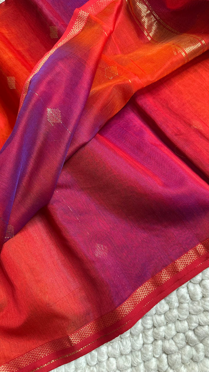PURPLE & ORANGE DUAL TONE- PREMIUM HANDWOVEN MAHESHWARI SILK BY COTTON SAREE (DISPATCH TIME IS 15-20 DAYS)