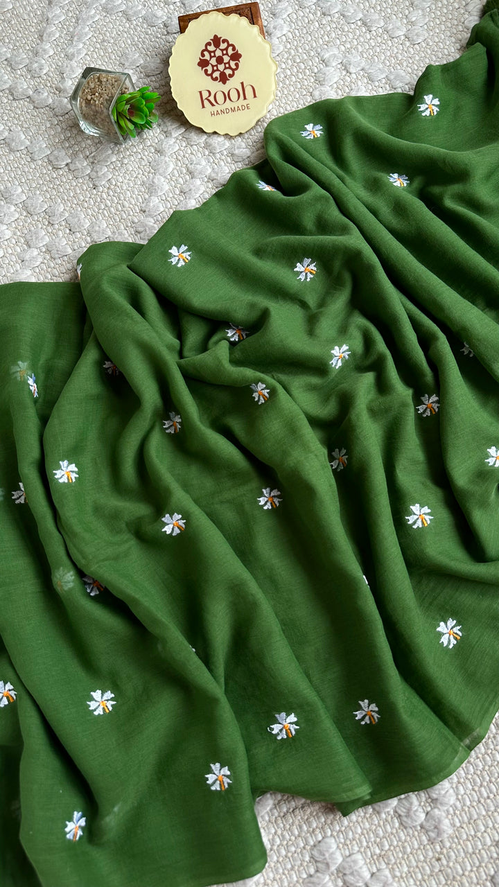 SHIULI - FOREST GREEN SUPER SOFT MUL COTTON SAREE (DISPATCH TIME - 7 TO 10 DAYS)