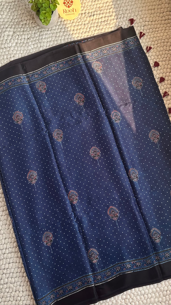 INDIGO BLOOMS - PREMIUM HALF AND HALF AJRAKH HAND BLOCK PRINTED PREMIUM MODAL SILK SAREE